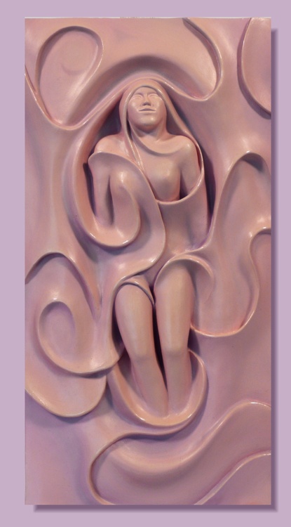 Swirly Sue sculpture by Thomas Haney relief carved mixed media of female fiugre in surrealistic swirrls